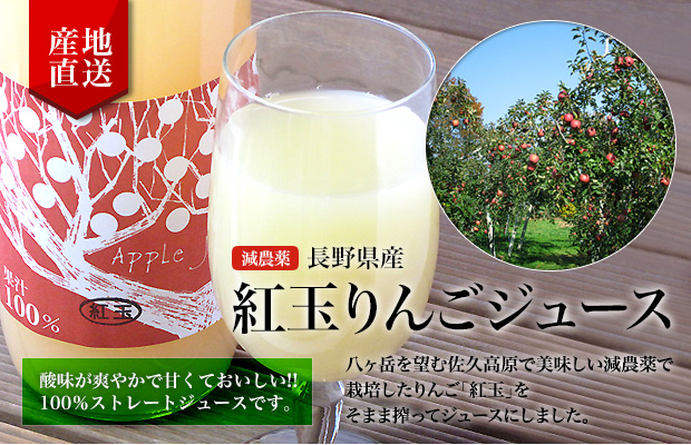 りんごジュース（紅玉）果汁100%の販売 減農薬りんご使用 長野県産《ストレートタイプ》